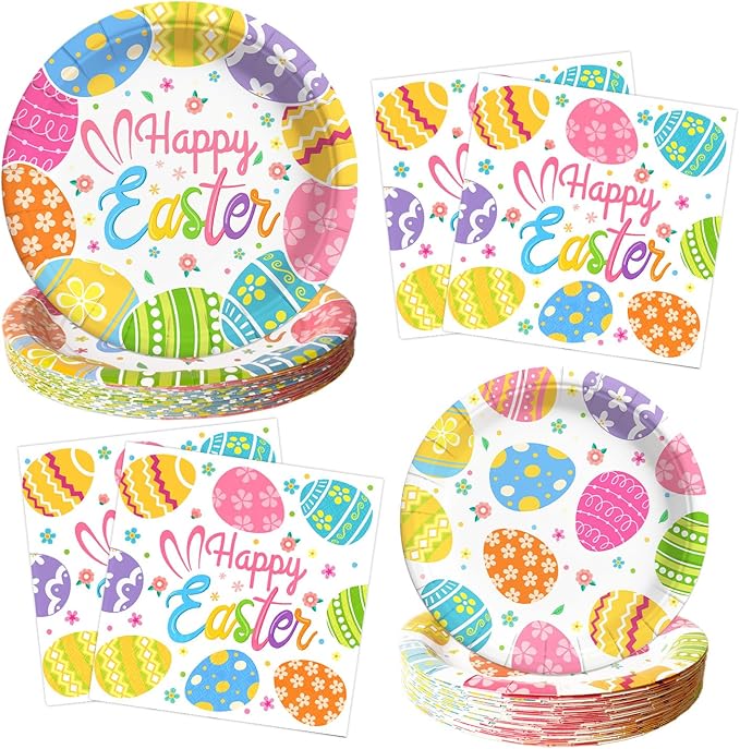 75Pcs Easter Paper Plates and Napkins Set Easter Eggs Themed