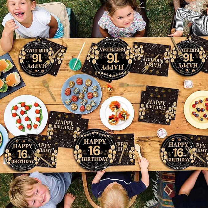 96PCS 16th Birthday Party Plates Set Black and Gold Theme Decorations