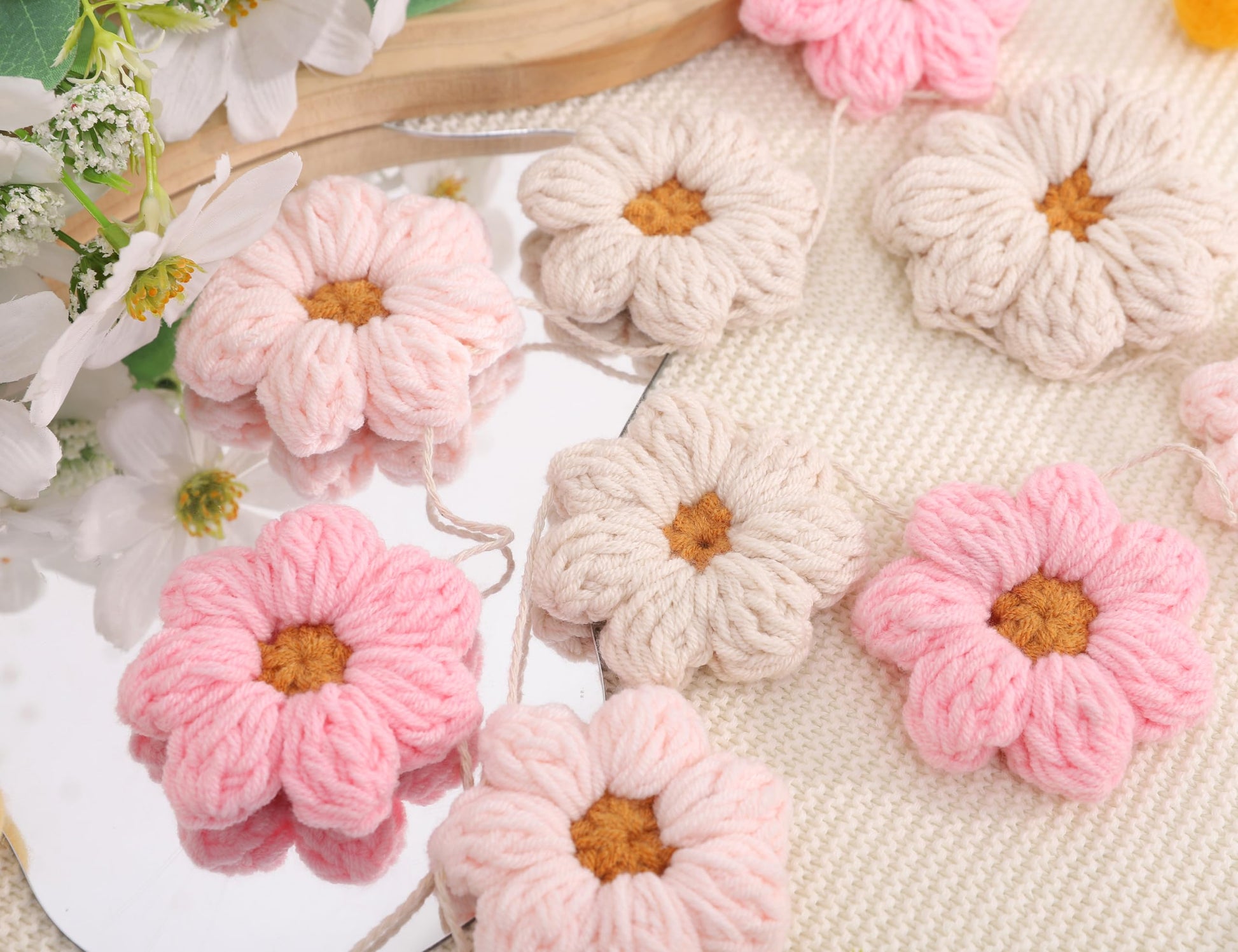 Boho Crochet Daisy Garland - Pink and Beige Yarn Floral Banner for
