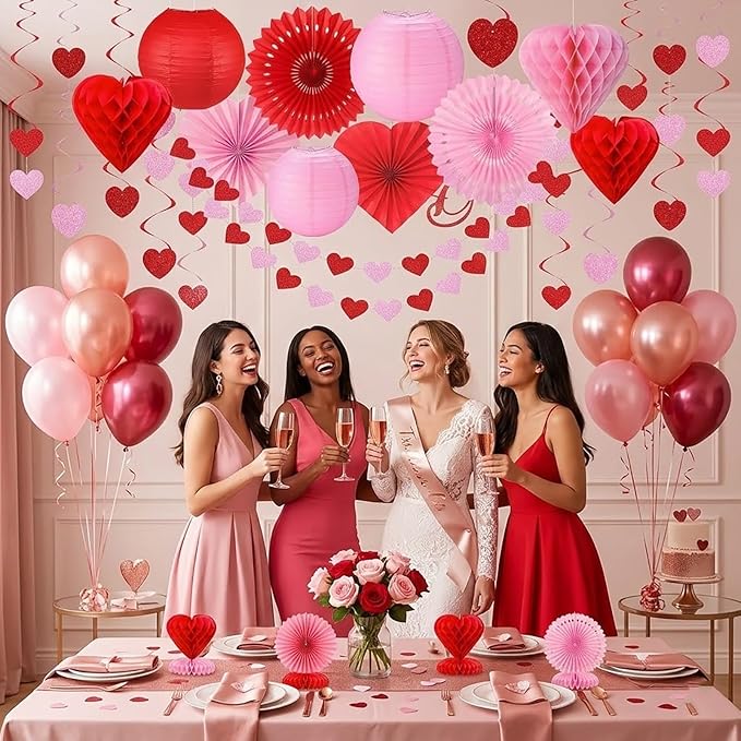 Valentines Day Decorations with Banner Pink Red Heart Shaped Paper