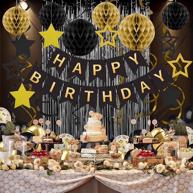 Black Gold Birthday Decorations for Men Women, Recosis Balloons in