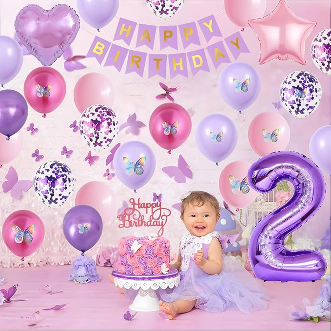 2nd Birthday Decoration for Girls,Pink Purple 2nd Balloon Number 2
