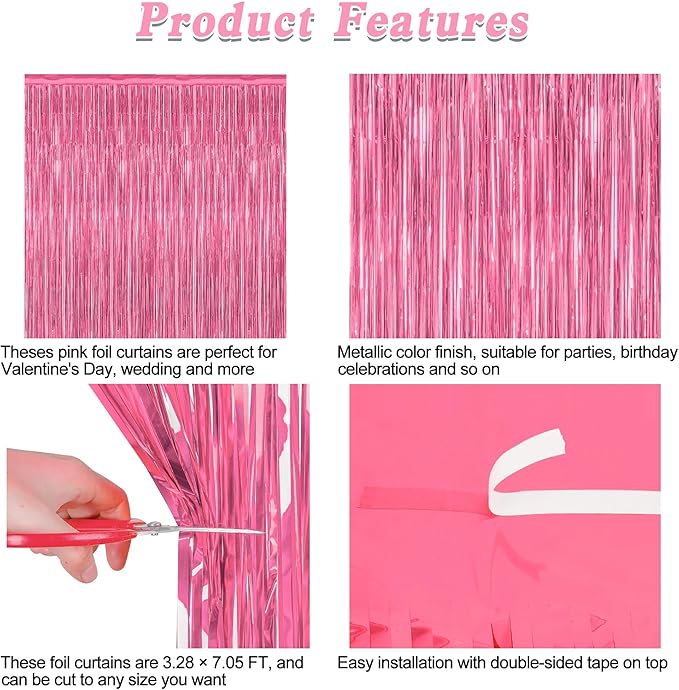 4 Pack Birthday Decorations, 3.28 FT x 7.05 FT Pink Backdrop,