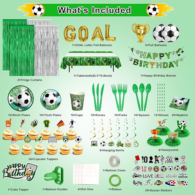 Soccer Party Decorations 255PCS Green Soccer Birthday Party Supplies