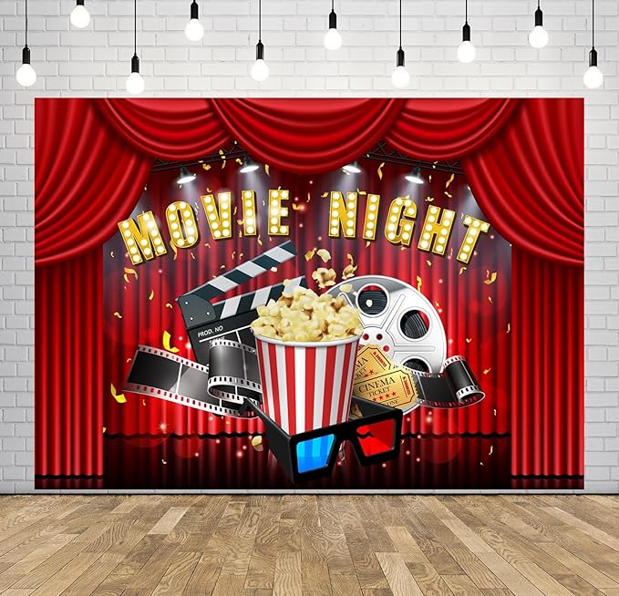 Movie Night Backdrop Fabric 10x6.5ft Cinema Popcorn Light Movie