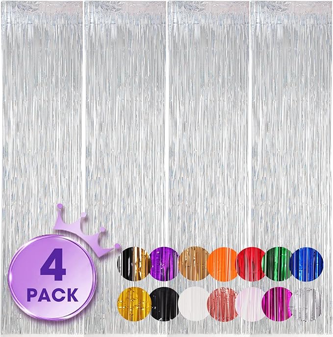 Voircoloria 4 Pack Laser Silver Foil Fringe Backdrop Curtains, Tinsel