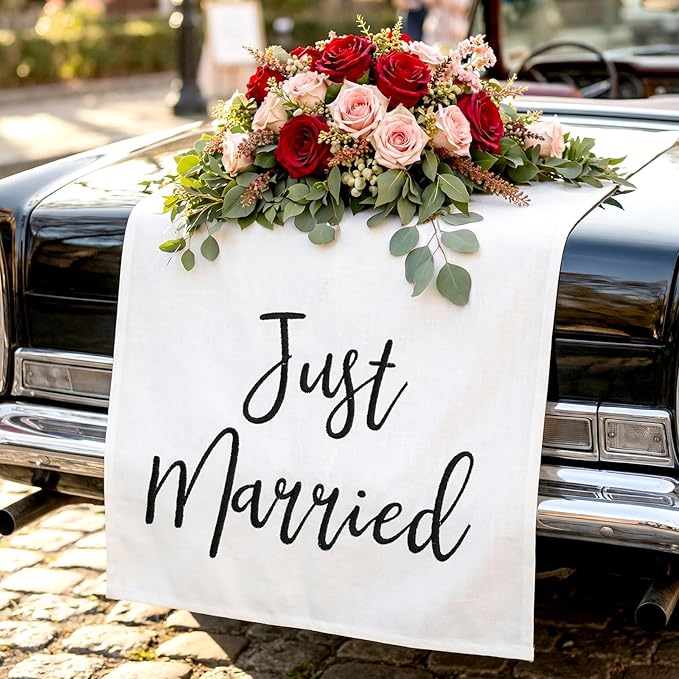 Just Married Car Decorations 24 x 60 Inch Just Married Linen Sign