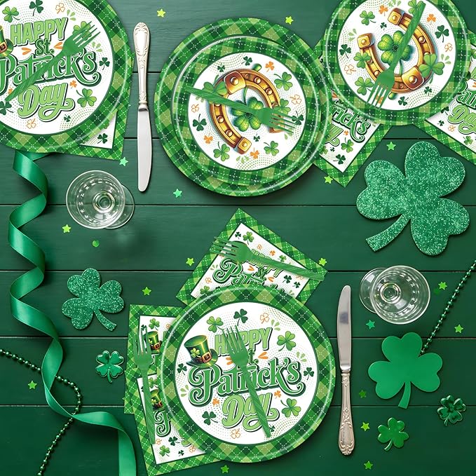 St Patricks Day Plates and Napkins Decorations 96PCS Lucky Green