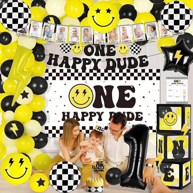 One Happy Dude 1st Birthday Decorations for Boy Smile Face Balloons