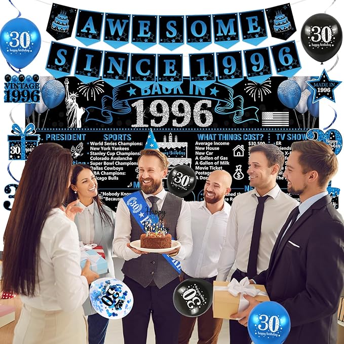 30th Birthday Decorations for Men 20PCS Black Blue Back in 1996