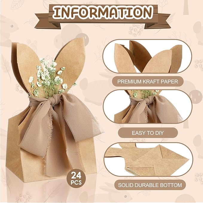 Affrolling 24 Set Boho Bow Easter Bunny Party Favor Bags DIY Bunny #4