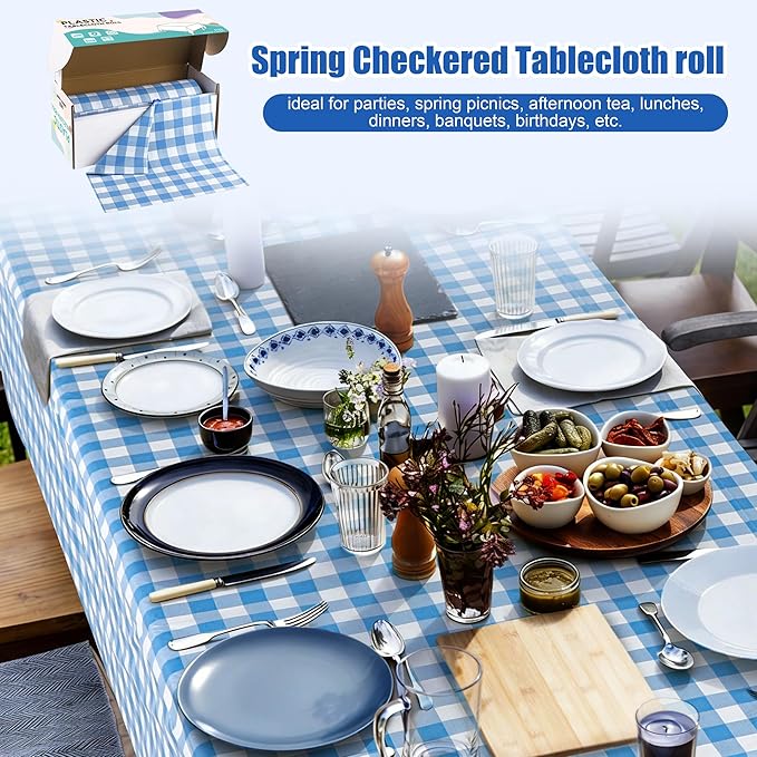 Kochorie 54 Inch x 300 Ft Light Blue Checkered Plastic Table Cloth