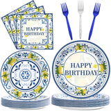 96PCS Lemon Party Paper Plates and Napkins Blue Tiles Yellow Lemon