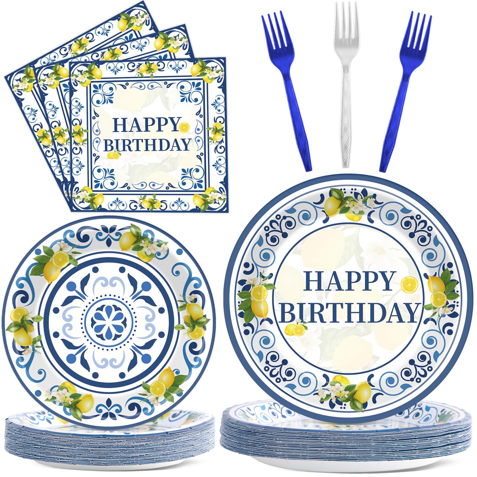 96PCS Lemon Party Paper Plates and Napkins Blue Tiles Yellow Lemon