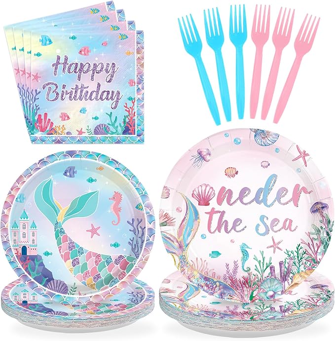 Grencian 96Pcs Mermaid Birthday Party Decorations Mermaid 1st