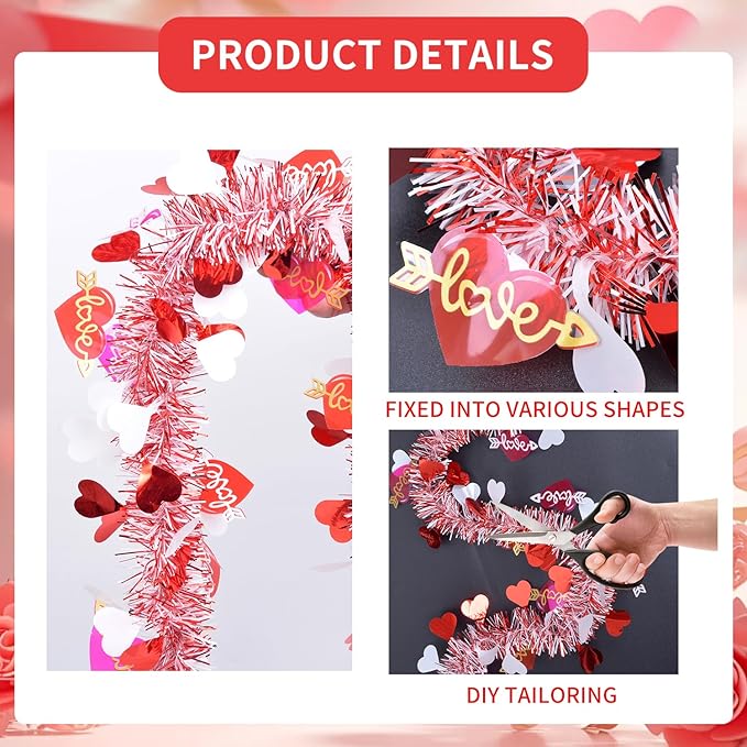 33Feet Valentines Day Tinsel Garland Red Pink Love Heart Garland