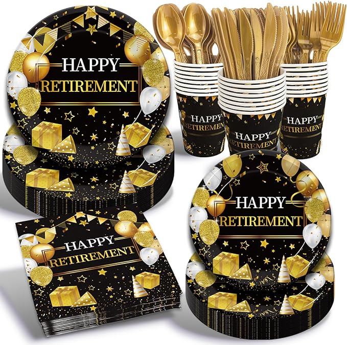 168 Pcs Retirement Party Supplies, Black Gold Happy Retirement Party