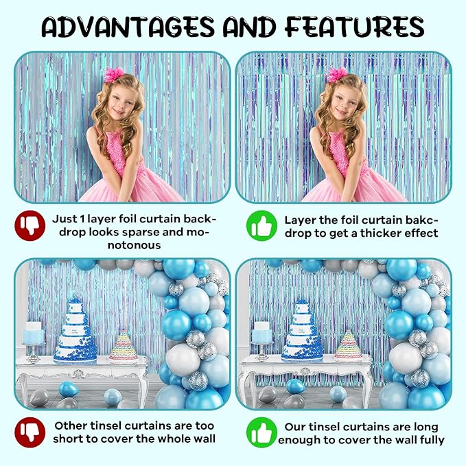 Voircoloria 2 Pack 3.3x8.2 Feet Neon Iridescent Foil Fringe Backdrop