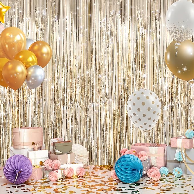 2Pack Champagne Gold Foil Fringe Backdrop Curtains, Tinsel Door