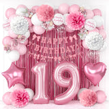 19th Birthday Decorations for Girls Pink Number 19 Balloon Bow