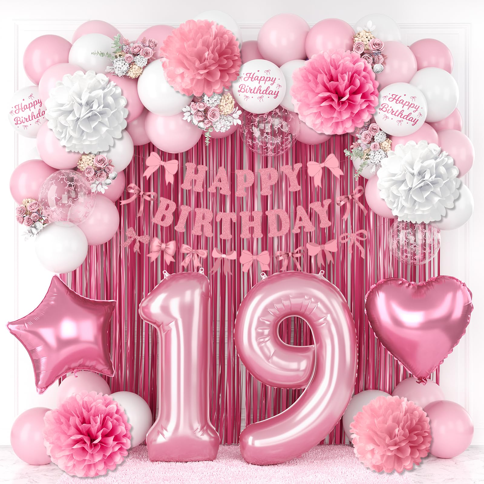 19th Birthday Decorations for Girls Pink Number 19 Balloon Bow