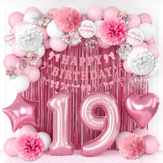 19th Birthday Decorations for Girls Pink Number 19 Balloon Bow