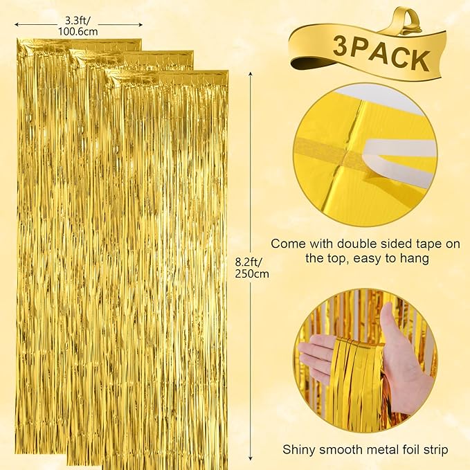 Voircoloria 3 Pack 3.3x8.2 Feet Gold Foil Fringe Backdrop Curtains,