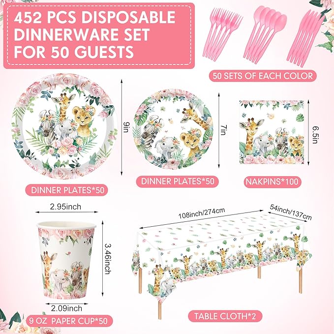 452 Pcs Safari Birthday Party Supplies Include Jungle Theme Paper