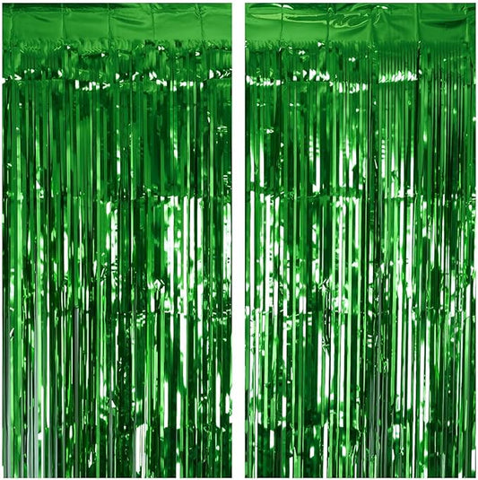 2 Pack Green Tinsel Curtain Party Backdrop, 3.2Ft x 8.2Ft Metallic