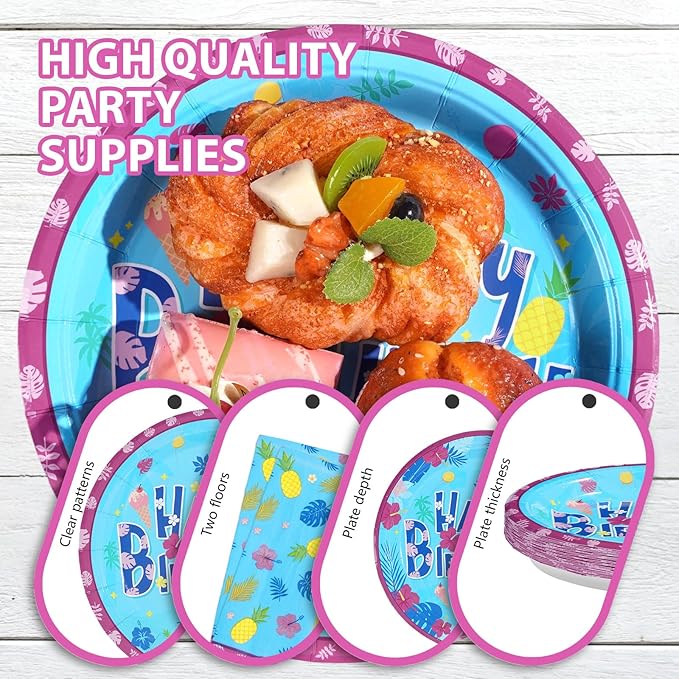 96Pcs Hawaiian Birthday Decorations Tropical Luau Blue Cartoon