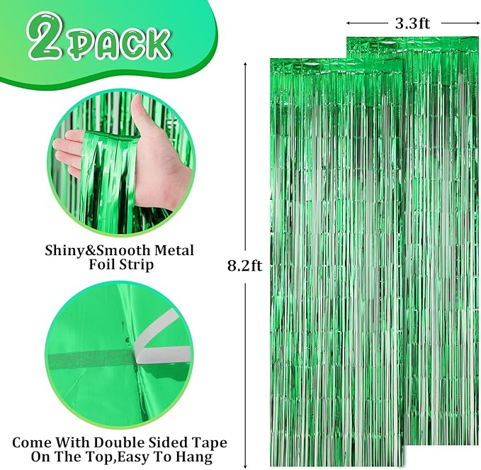 Voircoloria 2 Pack Green Foil Fringe Backdrop Curtains, Tinsel