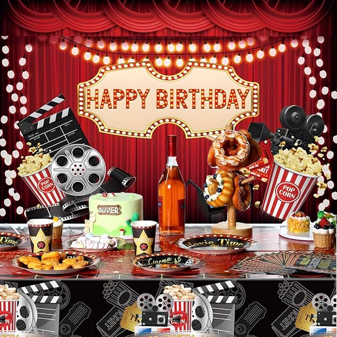 10x6.5ft Movie Night Birthday Backdrop Red Curtain Popcorn Film Reel