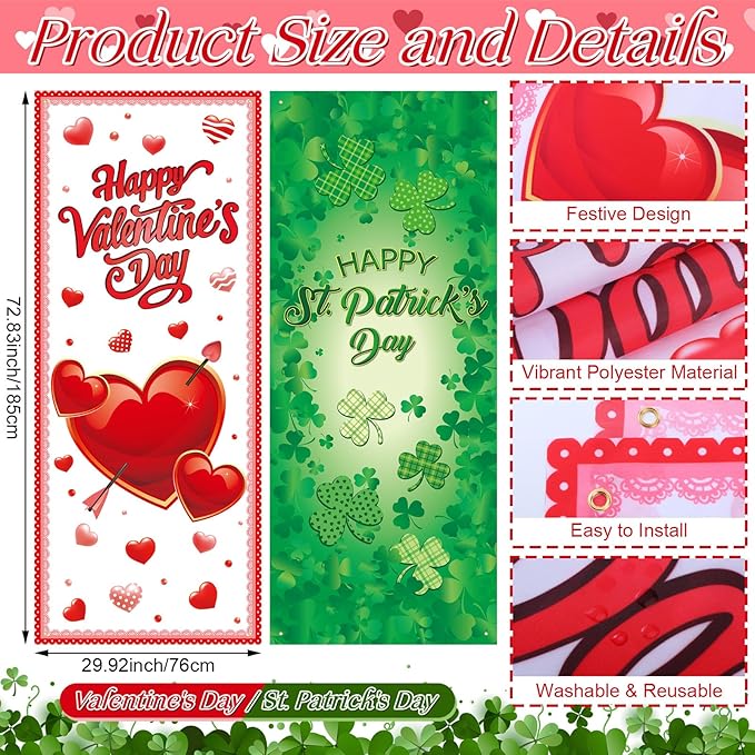 2 Pcs St Patricks Day and Valentine‘S Day Door Covers Green Shamrock