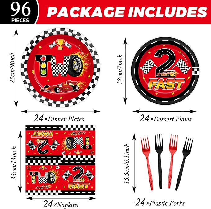 96 Pcs Race Car 2nd Birthday Party Supplies Hot Car Checkered