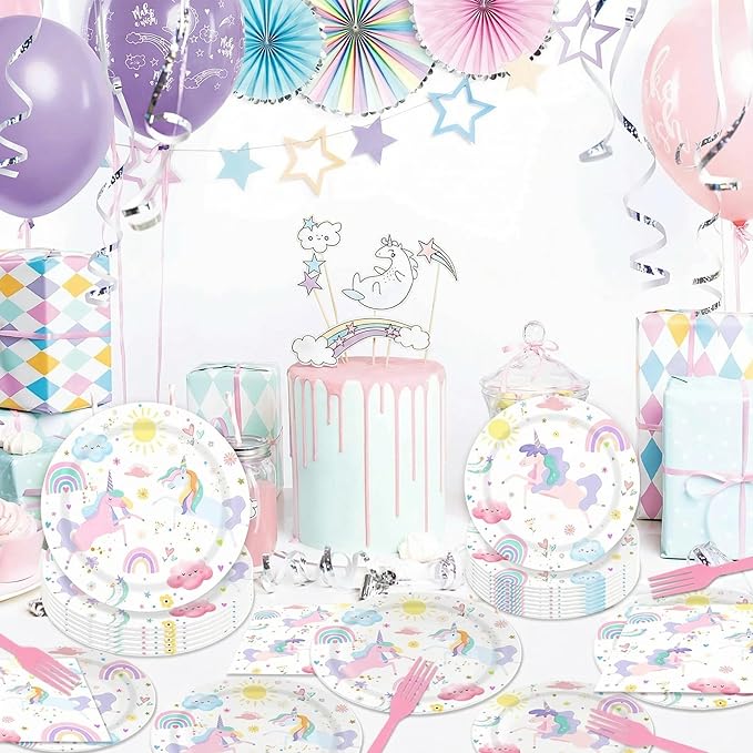 96 Piece Unicorn Party Supplies Set Magical Pastel Rainbow Tableware