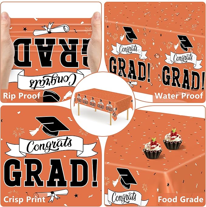 QZYL 2Pcs 2026 Graduation Table Cloths, 108" X 54" Orange Grad Party