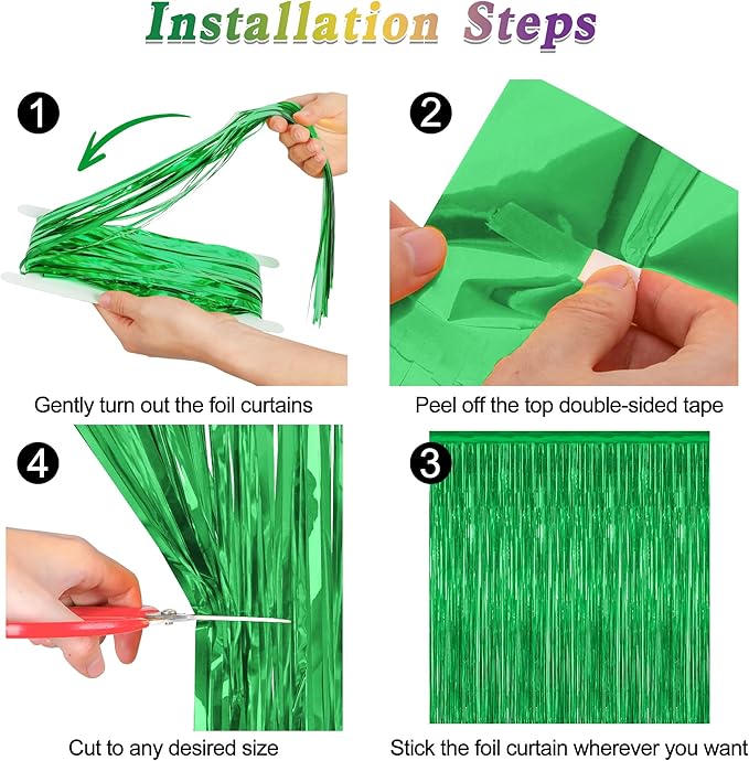 4 Pack Green Streamers, 3.28 FT x 7.05 FT Birthday Tinsel Backdrop,