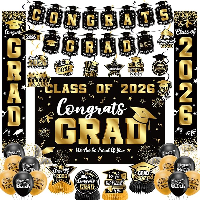 Graduation Decorations 2026 Set Black Gold Congrats Grad Decor Set