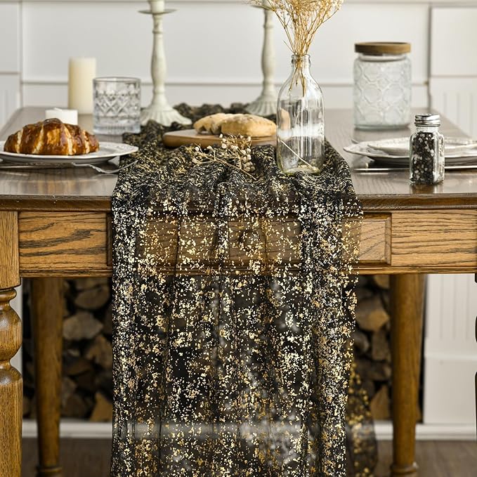 Artoid Mode 6Pcs Black Gold Gauze Table Runner 120 Inch 10FT, Glitter