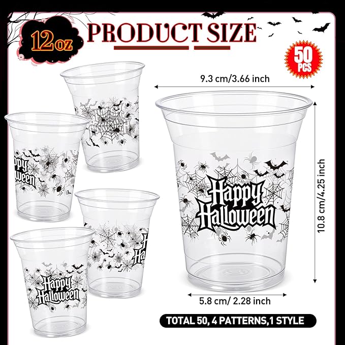 50 Pcs Halloween Cups 12 oz Spider Plastic Cups Clear Happy