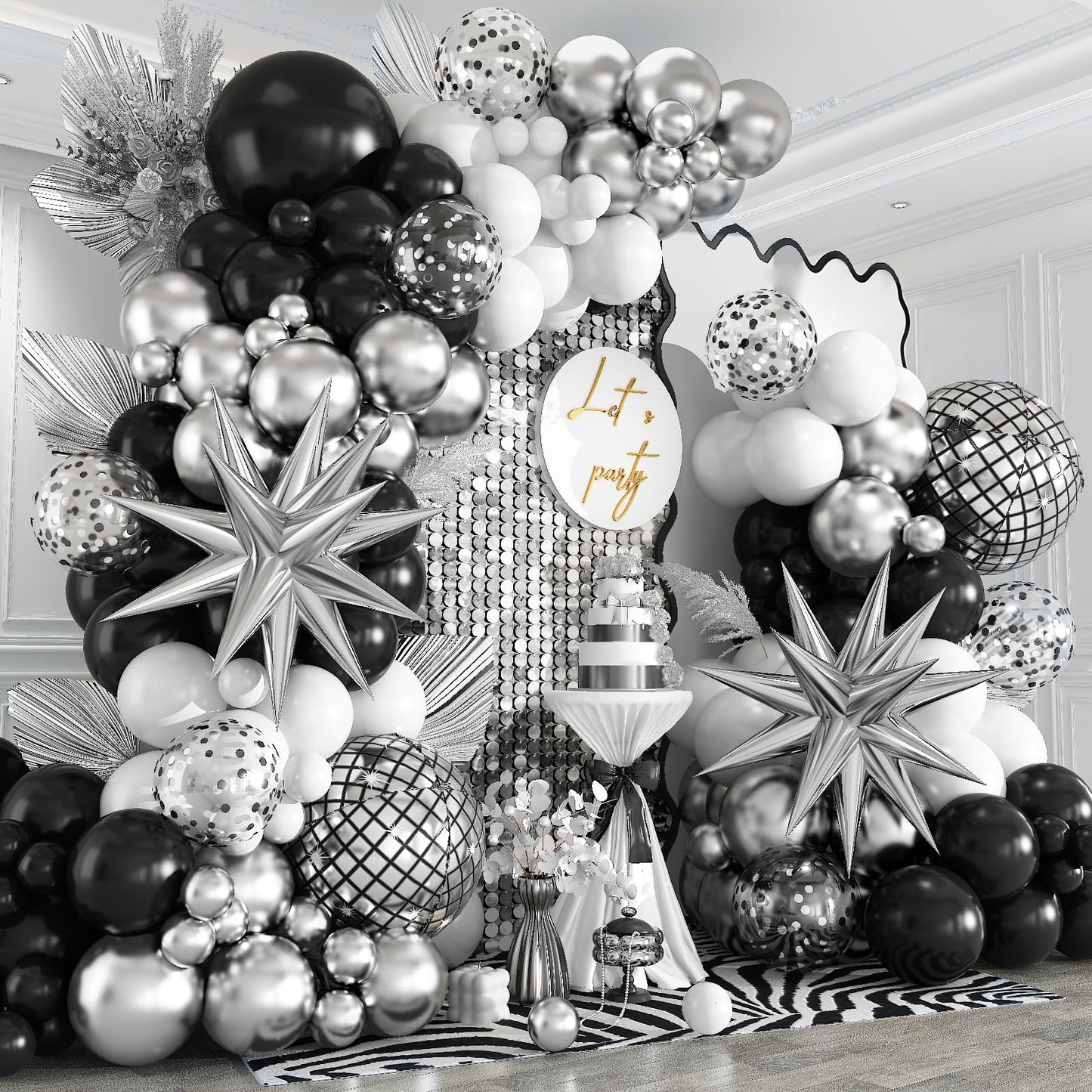 Black Silver Balloon Arch Kit 138Pcs Black White Metallic Silver