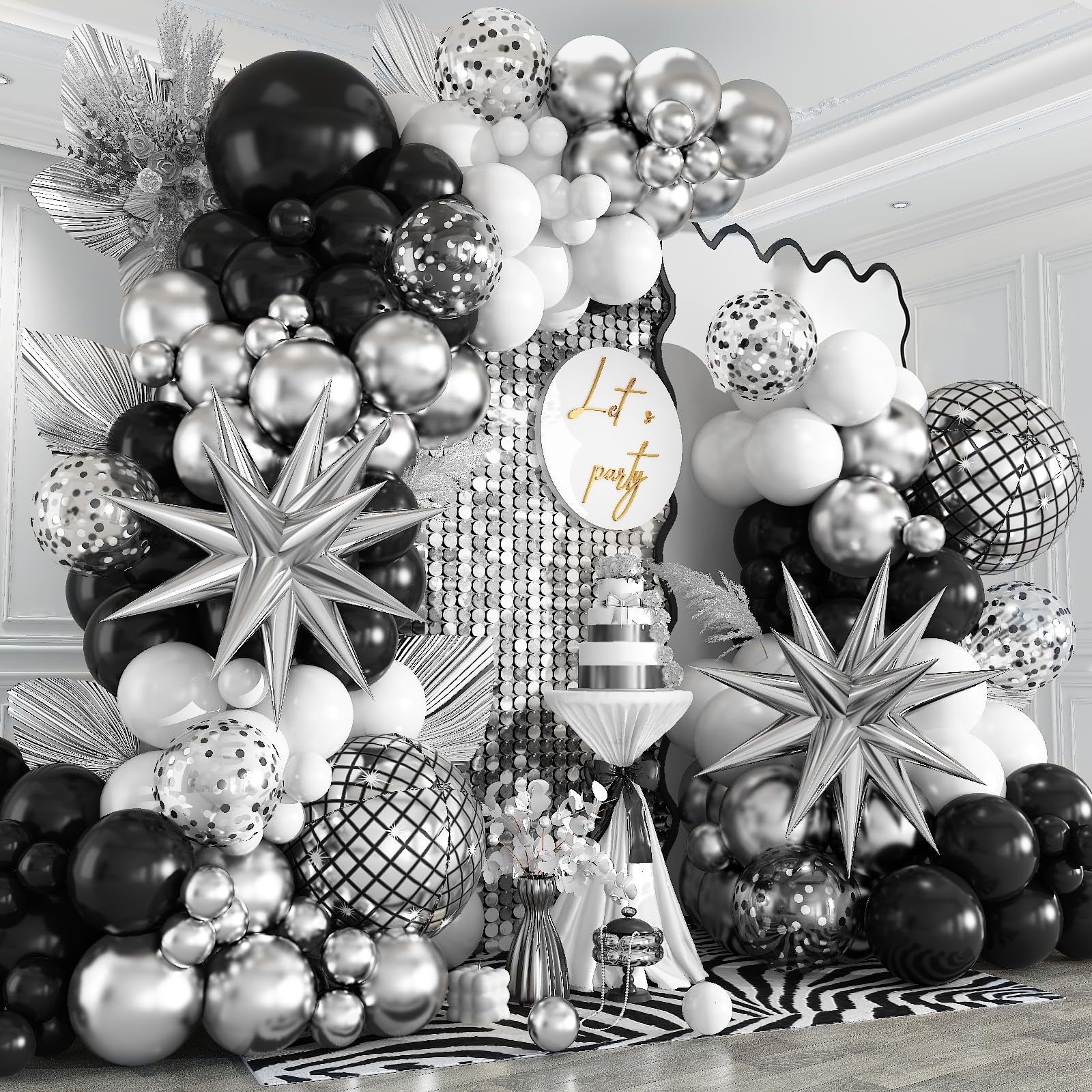 Black Silver Balloon Arch Kit 138Pcs Black White Metallic Silver