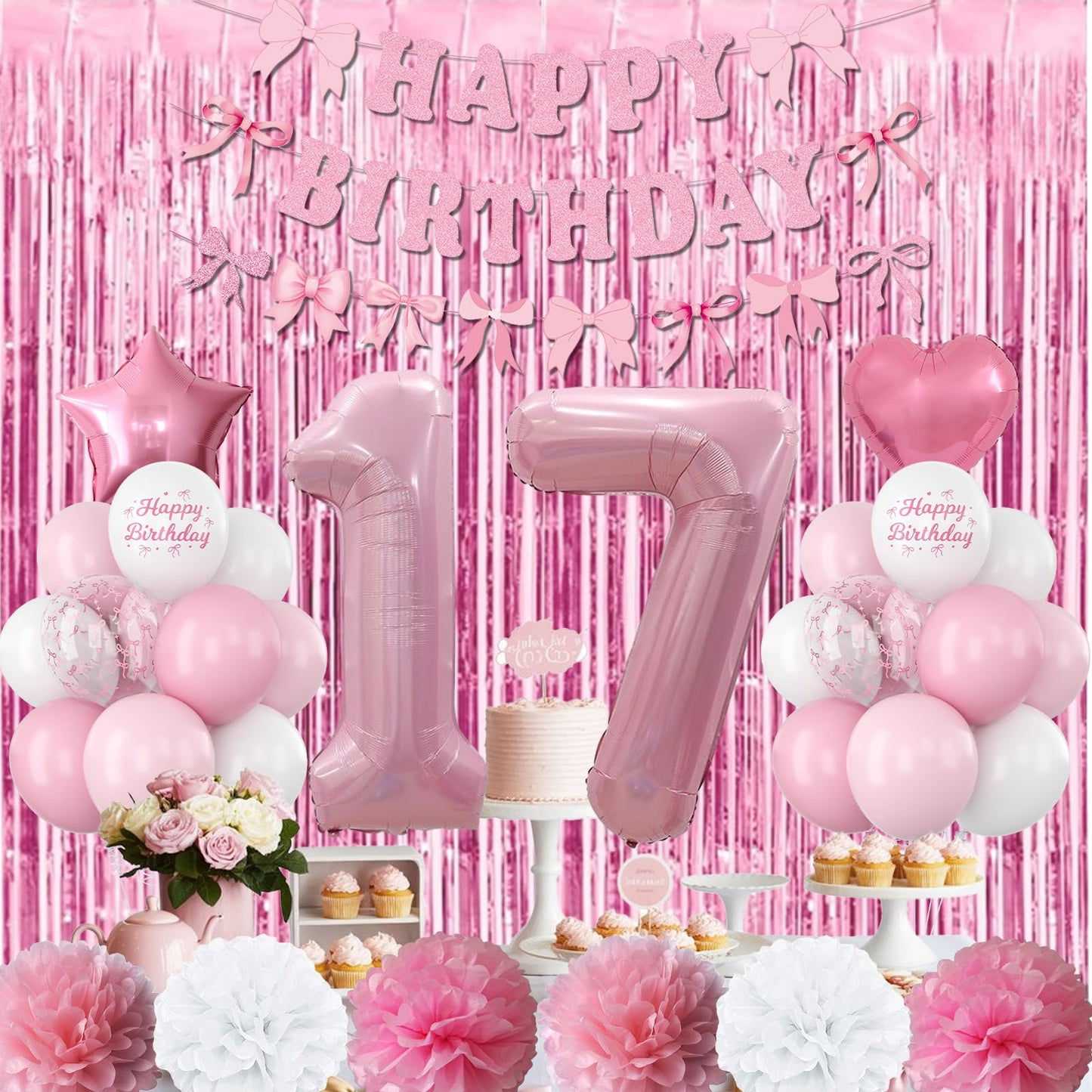 17th Birthday Decorations for Girls Pink Number 17 Balloon Bow