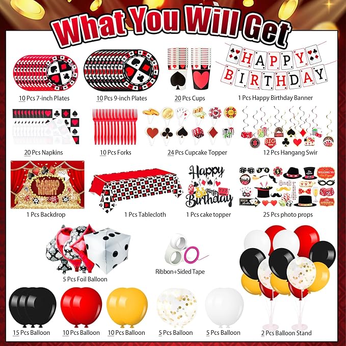175Pcs Casino Party Decorations Set with Plates Cup Tableware Casino