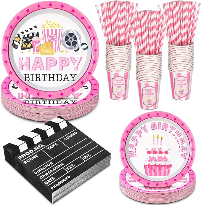 180 Pcs Pink Movie Night Party Supplies Happy Birthday Theme