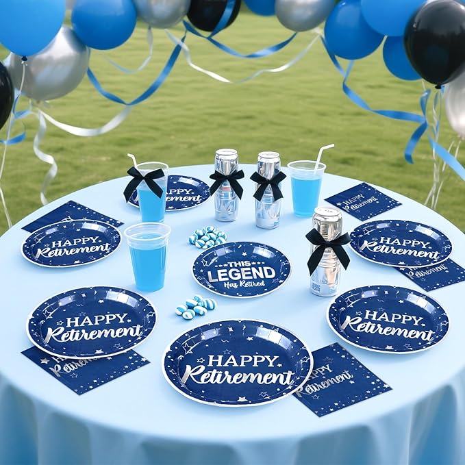 96 Pcs Retirement Party Supplies Blue and Silver Happy Retirement