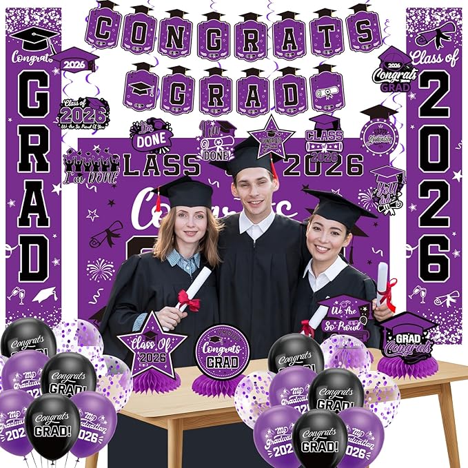 Graduation Decorations 2026 Purple Set, Congrats Grad Decor Set with