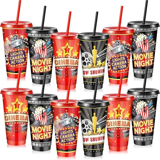 Uiifan 12 Pcs Movie Night Cups 24oz Reusable Tumbler with Lid and