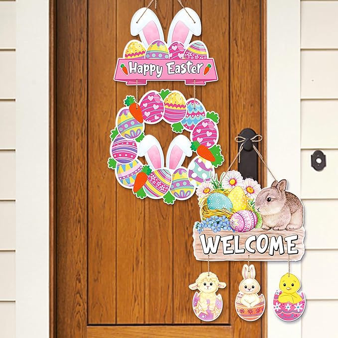 Easter Egg Bunny Home Front Door Hanger Decor 4pcs Pastel Rainbow