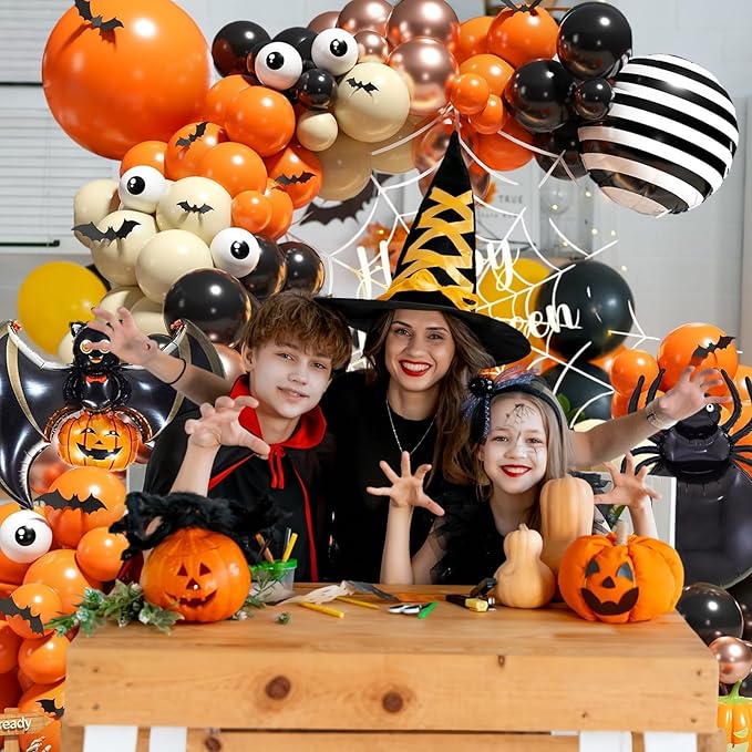 120 Pcs Halloween Orange and Black Balloon Arch Spider Bat Pumpkin